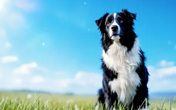 A black and white Border Collie sitting on grass under a bright blue sky, captured in stunning 4K Ultra HD for a PC desktop wallpaper.