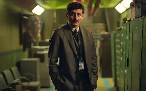 HD PC desktop wallpaper featuring a character from the TV show Dept. Q standing in a dimly lit, industrial-style office corridor.