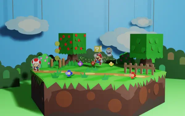 4K Ultra HD desktop wallpaper featuring a vibrant, paper-crafted scene from the video game Paper Mario: Color Splash with characters and colorful landscape elements.
