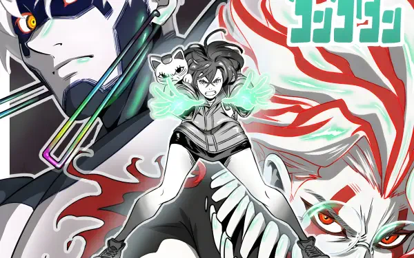 4K Ultra HD PC desktop wallpaper of Dandadan anime: Jin Enjouji and Momo Ayase in a dynamic, stylized battle pose with bold red and teal energy swirls and dramatic contrast.