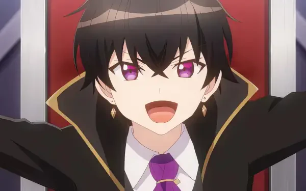 Anime HD desktop wallpaper from I'm the Evil Lord of an Intergalactic Empire! featuring a confident character with dark hair and purple eyes in a black and gold outfit.