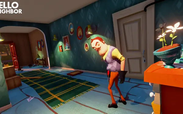 HD PC desktop wallpaper from the video game Hello Neighbor, featuring the neighbor character in a dimly lit, colorful interior setting.