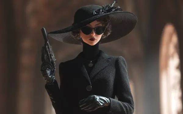 4K Ultra HD PC wallpaper featuring a stylish woman spy in black attire, wide-brimmed hat, gloves, and sunglasses, holding a gun with a confident pose.