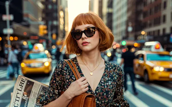 Street photography capturing a stylish woman with red hair and sunglasses crossing a busy city street, with yellow taxis in the background, in 4K Ultra HD detail.