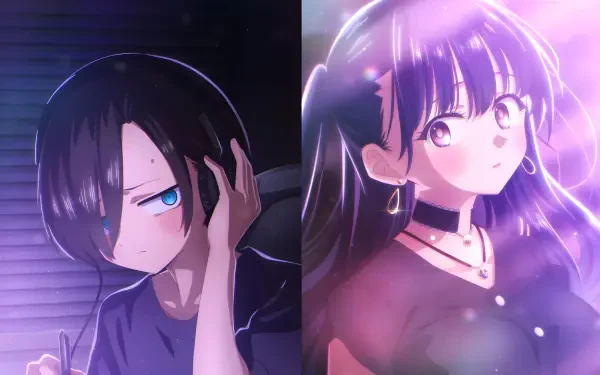 5K Ultra HD PC wallpaper of The Dangers in My Heart: Ichikawa Kyoutarou and Anna Yamada side-by-side, moody purple-blue lighting, anime style.