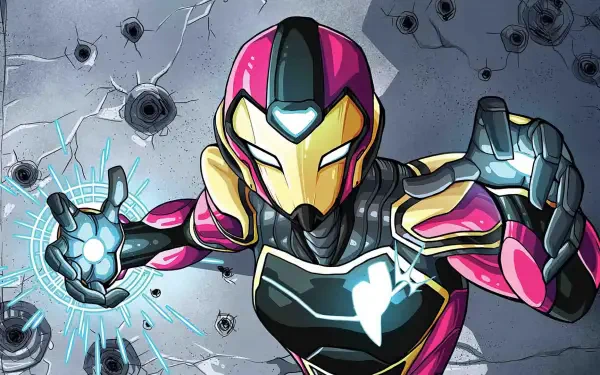 HD PC desktop wallpaper featuring Ironheart from Marvel Comics in a dynamic pose with glowing energy against a cracked wall with bullet holes.