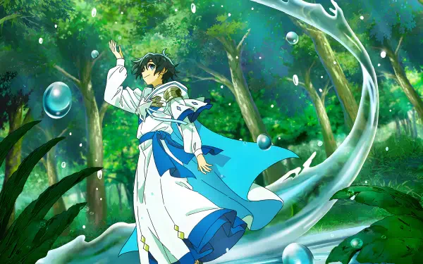 Anime 5K Ultra HD PC desktop wallpaper of Ryou (The Water Magician) in flowing blue robes commanding water swirls and bubbles in a sunlit green forest.
