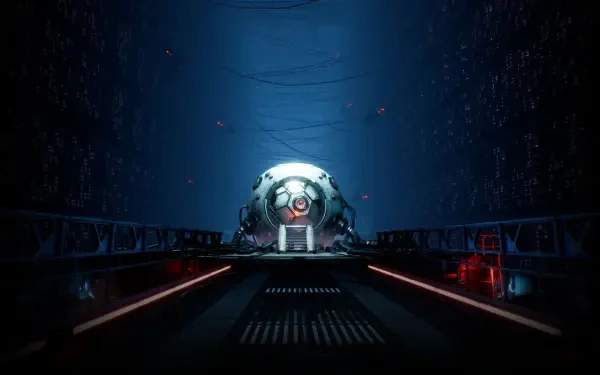 HD PC desktop wallpaper from the video game Stellar Blade shows a futuristic, cable-lined corridor with a glowing spherical machine at the center.