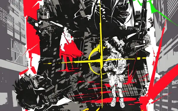 4K Ultra HD PC desktop wallpaper featuring bold, dynamic artwork from the anime Cyberpunk: Edgerunners and Cyberpunk: Edgerunners 2 with vibrant red, black, and yellow accents.