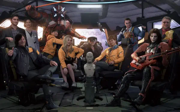 4K Ultra HD Death Stranding 2: On The Beach PC wallpaper featuring Sam Porter Bridges and a diverse group of characters inside a futuristic setting.