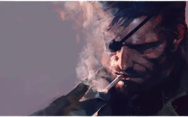 HD PC desktop wallpaper illustration of Venom Snake from the Metal Gear Solid video game, portrayed with intense expression and smoking a cigarette.