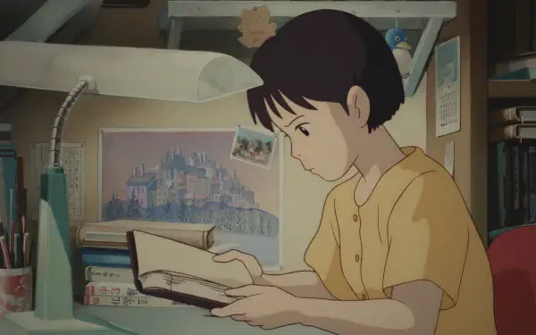 4K Ultra HD anime wallpaper of Shizuku Tsukishima from Studio Ghibli’s Whisper of the Heart, depicted in a calm, lofi-inspired room as she reads a book at her desk.