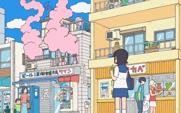 HD PC desktop wallpaper featuring a colorful anime cityscape from City the Animation with characters and buildings under a bright blue sky and pink smoke trails.