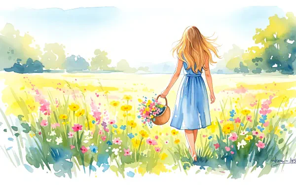 A 4K Ultra HD summer aesthetic wallpaper depicting a woman in a blue dress walking through a vibrant, sunlit flower field holding a basket of wildflowers.