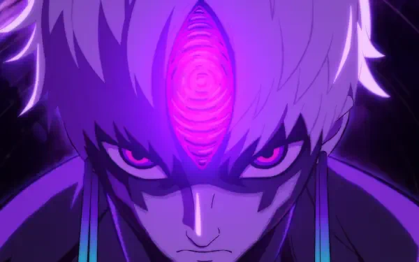 HD anime wallpaper featuring Jin Enjouji from Dandadan with intense purple hues and a glowing third eye centered on his forehead.