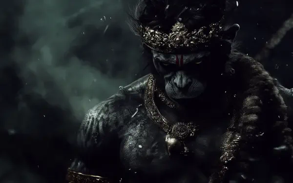 Dark, powerful depiction of Lord Hanuman from Hinduism, portrayed as a fierce, godlike creature with a crown and sacred ornaments, set against a moody background.