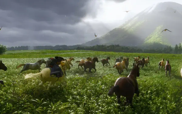 4K Ultra HD desktop wallpaper from the video game Ghost of Yōtei, depicting a character riding a horse across a lush green field with a misty mountain in the background.