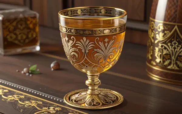 Ornate golden glass filled with apple cider on an elegant wooden surface, captured in stunning 4K Ultra HD for a PC desktop wallpaper background.