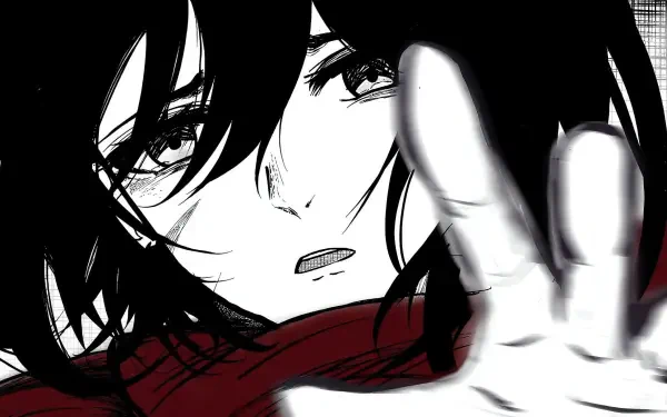 HD anime desktop wallpaper featuring a close-up of a sad Mikasa Ackerman from Attack on Titan, reaching forward with a somber expression.