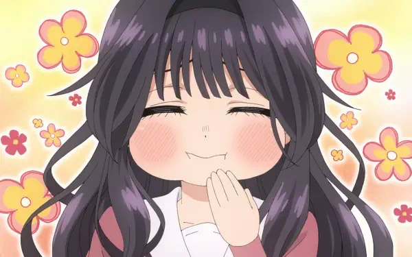 Anime-style HD PC desktop wallpaper featuring Kaoruko Waguri from The Fragrant Flower Blooms With Dignity, smiling with closed eyes against a backdrop of colorful flowers.