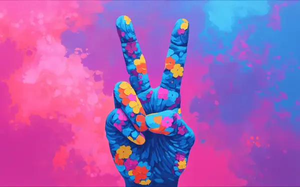 A vibrant hand showing the peace sign, decorated with colorful floral patterns, set against a pink and blue abstract background in 4K Ultra HD quality.