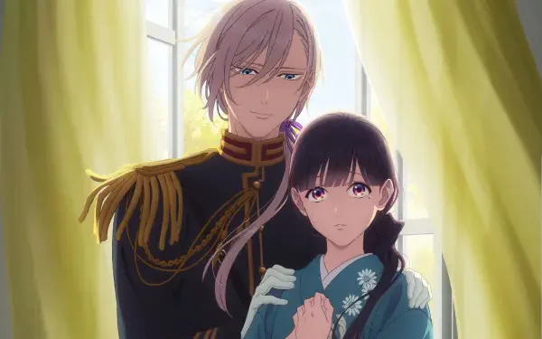 HD anime desktop wallpaper featuring Kiyoka Kudou and Miyo Saimori from Unnamed Memory and My Happy Marriage, standing together by a sunlit window.