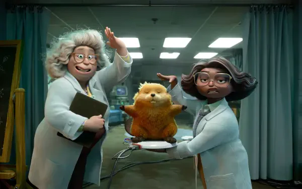 HD PC desktop wallpaper featuring cartoon characters from the movie Hoppers in a laboratory setting with two scientists and a small orange creature.
