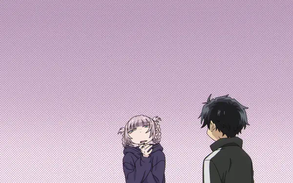 HD anime desktop wallpaper featuring Nazuna Nanakusa and Kou Yamori from Call of the Night against a purple backdrop.
