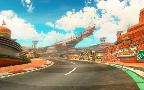 4K Ultra HD Mario Kart world scene showcasing a vibrant racetrack with bright skies and detailed surroundings as a PC desktop wallpaper and background.