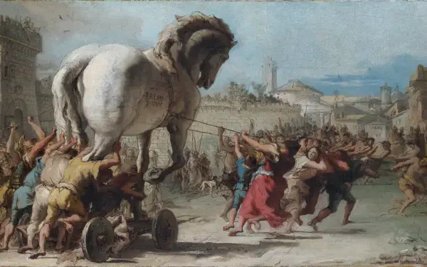 HD oil painting depicting the Trojan Horse being pulled into the city during the Trojan Wars, capturing the dramatic and historic moment.