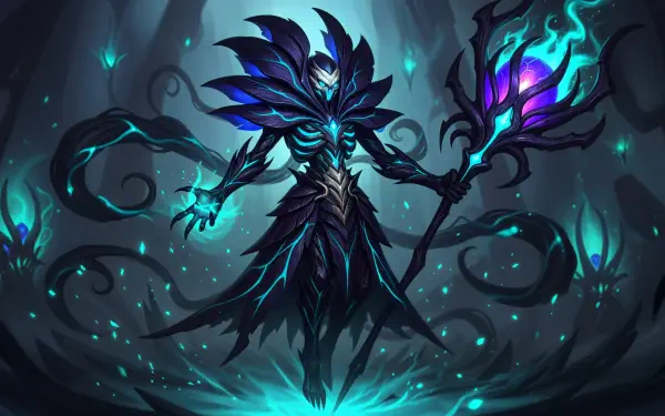 4K Ultra HD PC desktop wallpaper featuring a dark, mystical figure wielding a glowing staff in an eerie, shadowy environment with blue and purple hues.