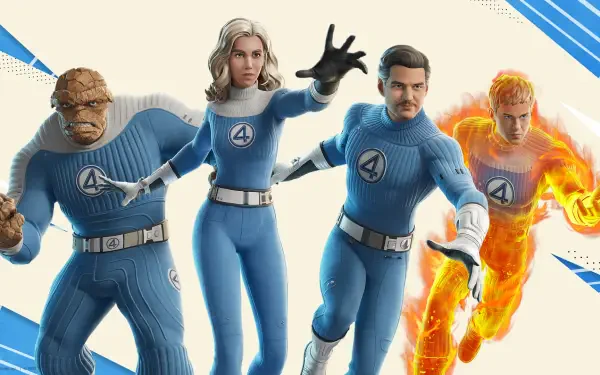 HD PC desktop wallpaper featuring Fortnite characters from the Fantastic Four (2025) in action poses wearing blue Fantastic Four suits.
