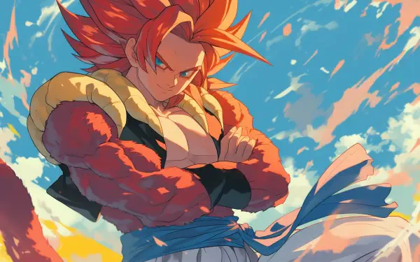 HD anime wallpaper featuring Super Saiyan 4 Gogeta from Dragon Ball GT, captured in a dynamic pose against a vibrant sky background.