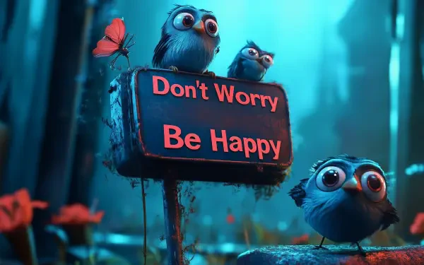 HD PC desktop wallpaper featuring animated birds around a glowing sign that reads Don't Worry Be Happy with a butterfly perched nearby in a serene forest setting.
