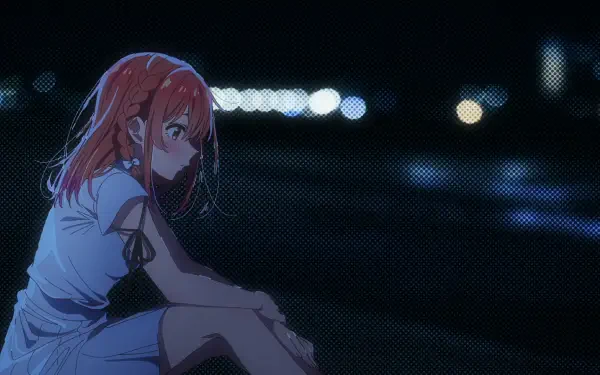 HD PC desktop wallpaper featuring Sumi Sakurasawa from the anime Rent-A-Girlfriend, sitting thoughtfully against a blurred nighttime cityscape background.