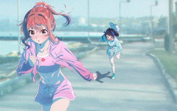 HD anime desktop wallpaper featuring Sumi Sakurasawa and Ruka Sarashina from Rent-A-Girlfriend, captured in a dynamic, vibrant cityscape scene.