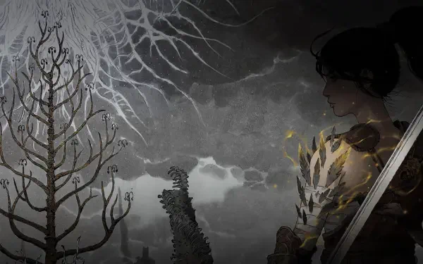 HD PC desktop wallpaper featuring dark, atmospheric gaming art from the video game Wuchang: Fallen Feathers, showing a shadowy figure with a sword against a stormy, eerie backdrop.