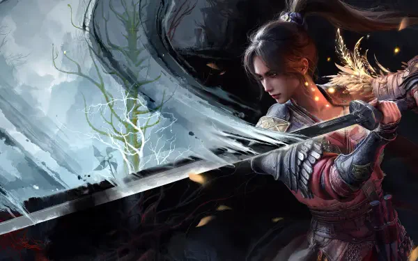 A warrior from the video game Wuchang: Fallen Feathers wields a glowing sword in a dynamic battle pose, rendered in stunning 4K Ultra HD for PC.