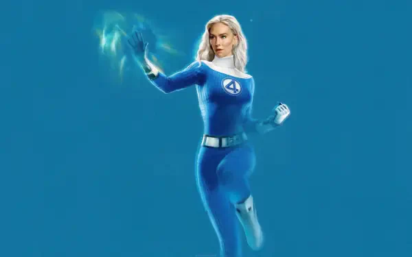Vanessa Kirby as Invisible Woman from The Fantastic Four: First Steps, featured in a 4K Ultra HD PC desktop wallpaper with glowing blue powers on a solid blue background.
