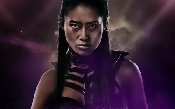 Mortal Kombat 2 (2025) PC wallpaper in 4K Ultra HD showcases a fierce female warrior against a dark, smoky background.