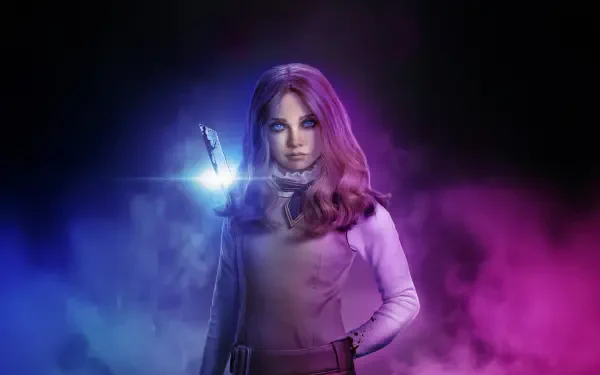 M3GAN 2.0 portrait with glowing purple and blue lighting, captured in 4K Ultra HD for a PC desktop wallpaper and background.