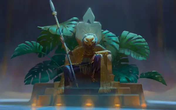HD desktop wallpaper featuring a character in traditional attire seated on a throne surrounded by large tropical leaves from the TV show Eyes of Wakanda.