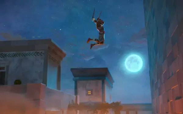 HD PC desktop wallpaper featuring a dramatic scene from the TV show Eyes of Wakanda, with a character leaping against a moonlit night sky backdrop.