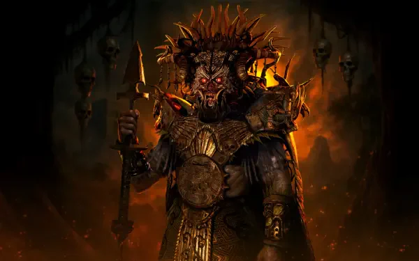 HD PC desktop wallpaper featuring a dark, menacing character from the video game Death Relives, adorned in tribal armor and surrounded by an ominous fiery background.