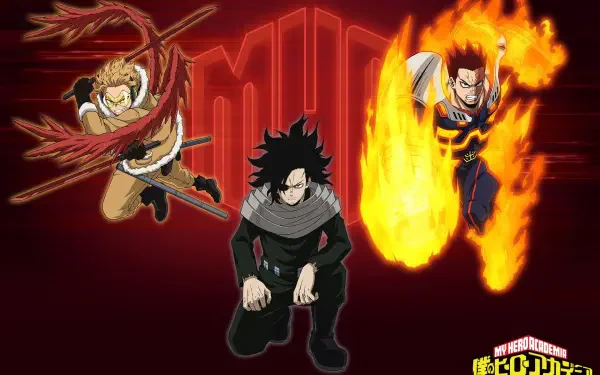 HD anime desktop wallpaper featuring My Hero Academia characters Endeavor, Eraserhead, and Hawks against a dark red background.