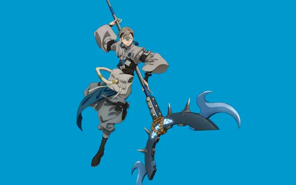 Anime-style 4K Ultra HD wallpaper featuring Zanka Nijiku from Gachiakuta wielding a large, intricate weapon against a solid blue background.