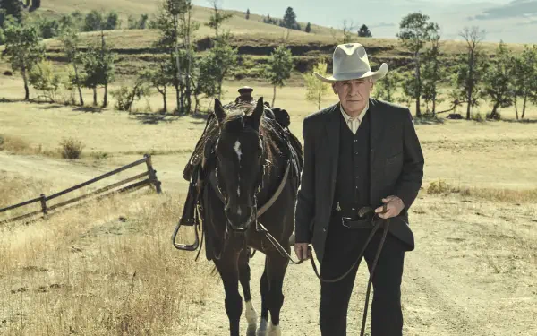 Harrison Ford as a cowboy in the TV show 1923, walking beside a black horse in a vast rural landscape, captured in 8K Ultra HD.