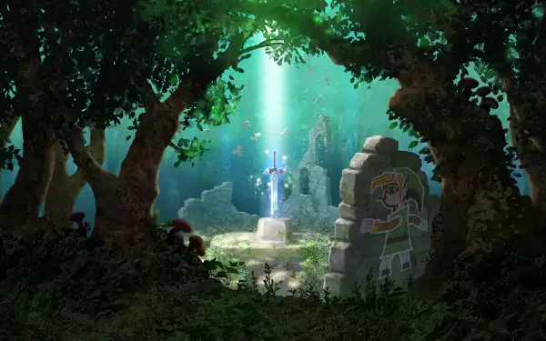 HD desktop wallpaper featuring the Master Sword from The Legend of Zelda: A Link Between Worlds, showcased in a forest setting, designed for Nintendo Switch fans.
