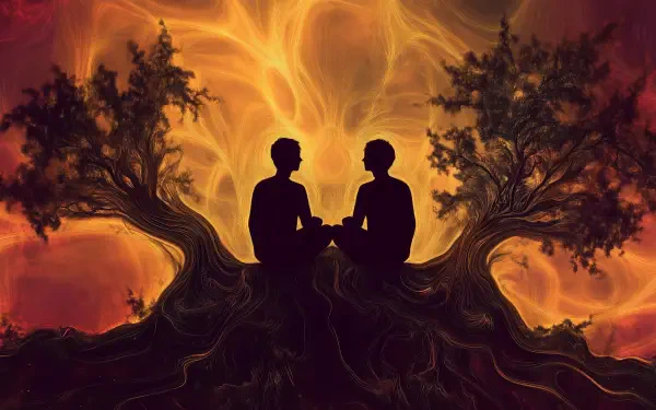 Two friends sit together atop intertwined trees, surrounded by vibrant, swirling spiritual energy, creating a striking artistic scene for an HD PC desktop background.