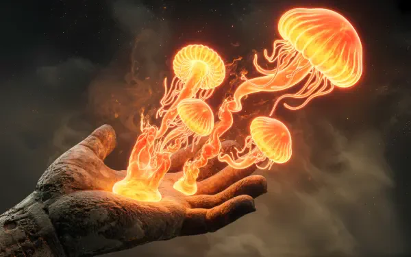 A 4K Ultra HD PC wallpaper featuring a stone hand conjuring glowing, fiery jellyfish-like creatures, illustrating a vivid fire spell against a dark, smoky background.